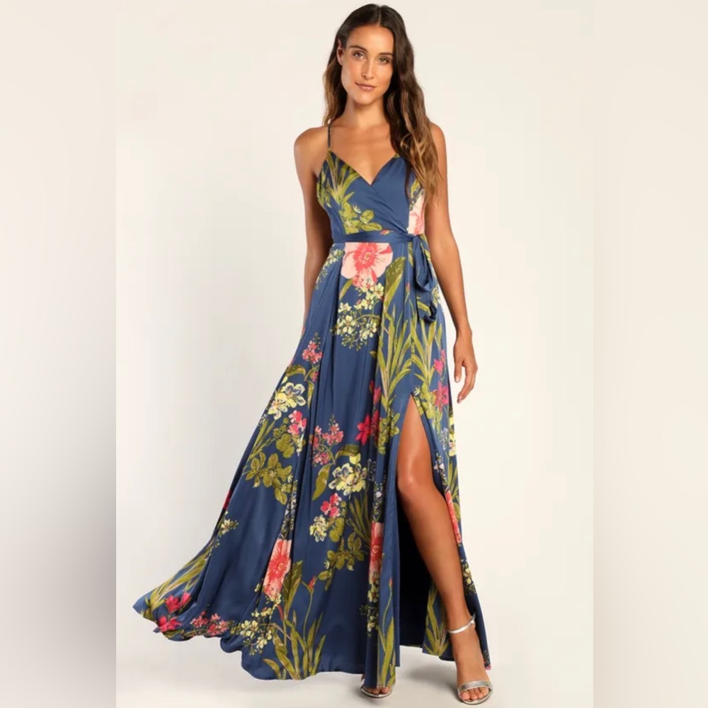 Still the One Blue Floral Print Satin Maxi Dress Size XL